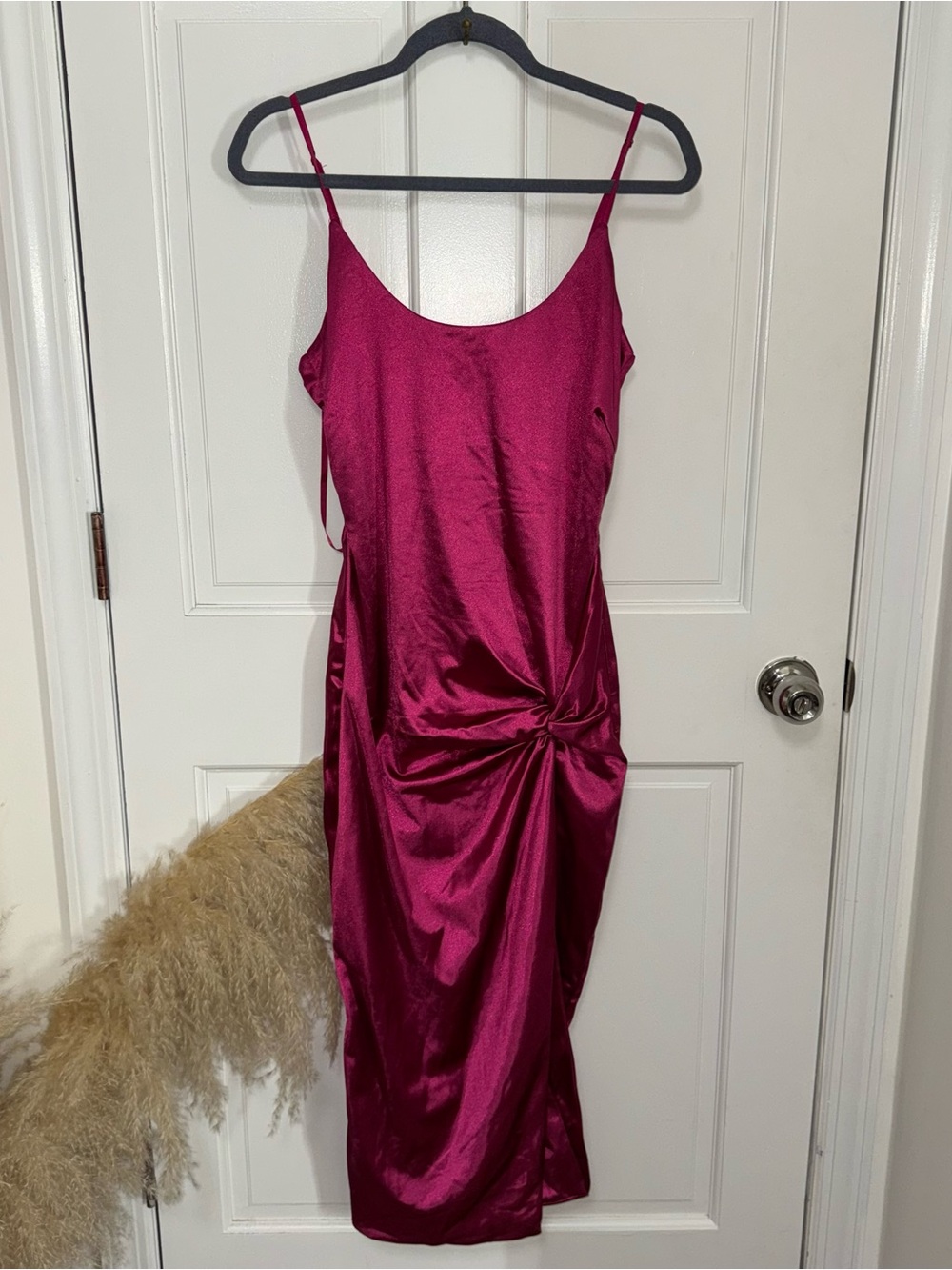 JLUXLABEL Hot Pink Satin Slip Dress with Twist Detail